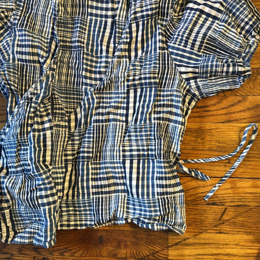J. CREW Women's Puff Sleeve Wrap Top Indigo Patchwork Blouse 100% Cotton Size XL - Picture 10 of 16